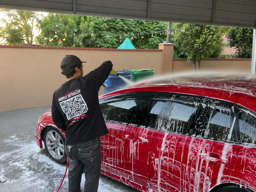 DS Detailing mobile detailer pressure-washing a soap-covered red sedan in a driveway
